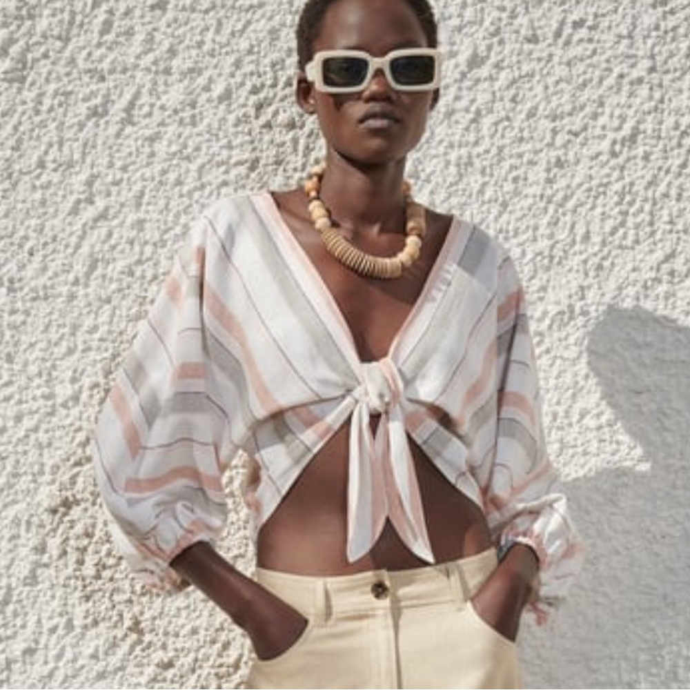 Zara Linen Blend Tie Front Striped Top Blouse